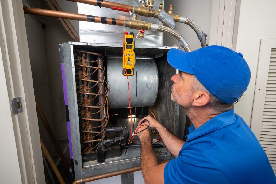 HVAC technician wearing a blue cap and shirt tests a furnace with a multimeter inside an open air handler cabinet.