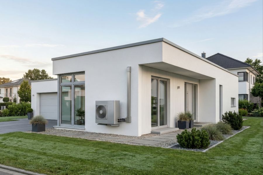 Modern white, single-story house with flat roof, large glass doors, and a landscaped front yard with potted plants.